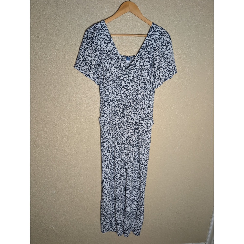 Old Navy Women's XS Navy Floral Wide Leg Jumpsuit Smocked Cottagecore